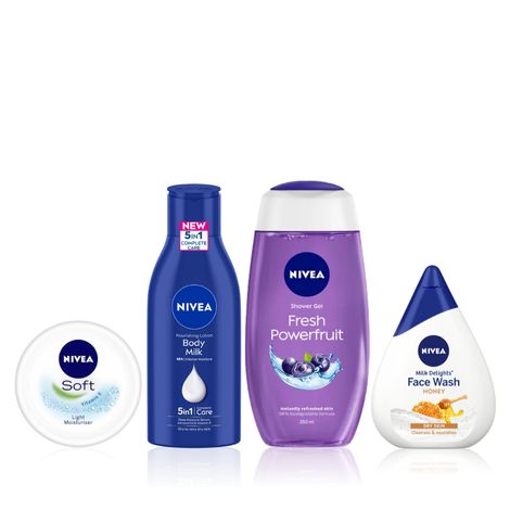 Buy NIVEA Refresh & Revive Skin Combo 4(Powerfruit Fresh Shower Gel(250ml)+Moisturizing Honey Face Wash(100ml)+Almond Oil Body Lotion(120ml)+Soft Moisturising Cream(50ml))-Purplle
