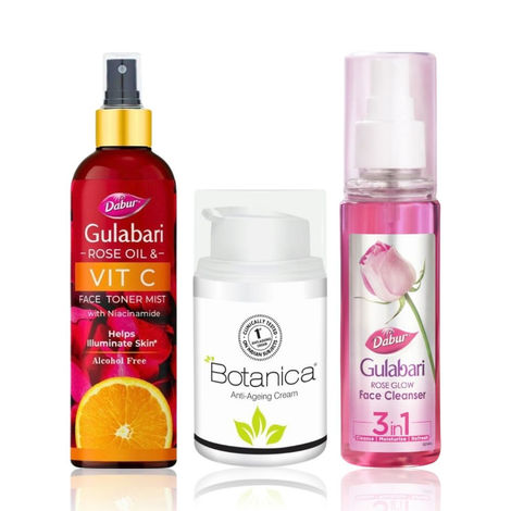Buy Dabur Gulabri Rose Glow Face Cleanser + Rose Oil & Vitamin C Face Toner Mist with Niacinamide + Dabur Botanica Anti-ageing Cream For Anti Aging and All Skin Types (100 ml + 100 ml + 50 gm)-Purplle
