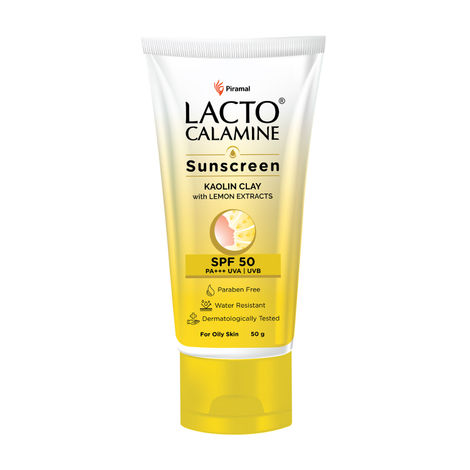 Buy Lacto Calamine Sunscreen SPF 50 | 50 gm | PA +++ Sunscreen For Oily Skin | UVA – UVB Sunscreen | Water Resistant & No White Cast | With Kaolin Clay, Vitamin E & Lemon Extracts | Paraben Free-Purplle