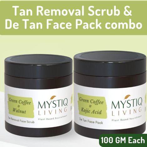 Buy Mystiq Living Tan Removal Face Scrub (100 gm) & Face Pack Green Coffee Blemish Clear (100 gm) with Kojic Acid, Anti Pigmentation, Dark Spot Removal, De tan Exfoliate Dead Skin and Blackheads , Skin Brightening & Glowing Skin For Women & Men (Combo of 2)-Purplle