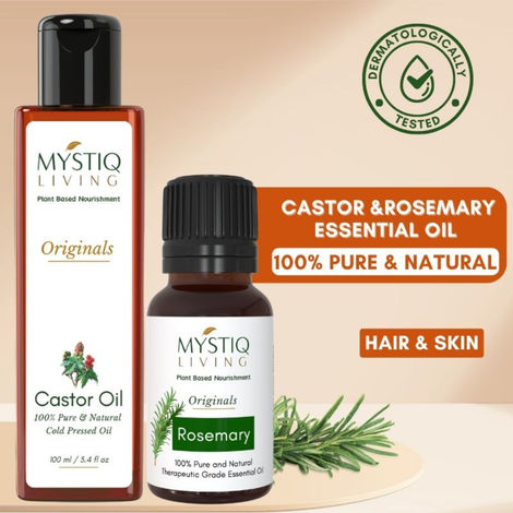Buy Mystiq Living Rosemary Essential Oil & Castor Oil for Hair Growth & Hair Fall Control Oil, Rosemary Oil -15 ml, Cold Pressed Castor Oil For Face, Eyebrows & Eyelashes Growth -100 ml (Combo of 2)-Purplle