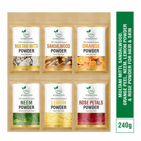 Buy TQS Multani Mitti,Sandalwood,Orange powder Neem, Lemon Powder & Rose Powder Set 240 gm-Purplle