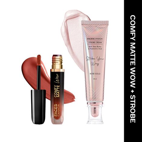 Buy FACES CANADA Comfy Matte Wow Liquid Lipstick - Nude Nectar 08 (3.8 ml) & Rose Gold Strobe Cream (30 ml) Combo-Purplle