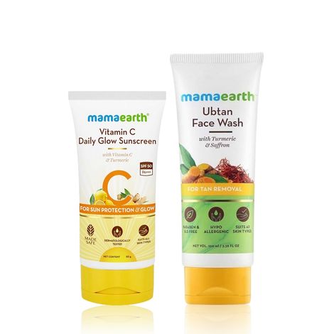 Buy Mamaearth Ubtan Cleanse & Sun-Protect Glow Combo 2: Ubtan Face Wash with Turmeric (100 ml) + Vitamin C Daily Glow Sunscreen (50 gm)-Purplle