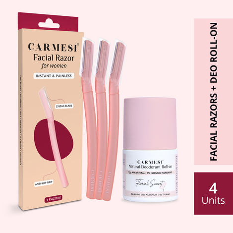 Buy Carmesi Facial Razor - Pack of 3 & Underarm Roll On Deodorant for Women - Floral Sunset (50 ml) | Instant & Painless Hair Removal | For Fresh Underarms All Day - Combo of 4-Purplle