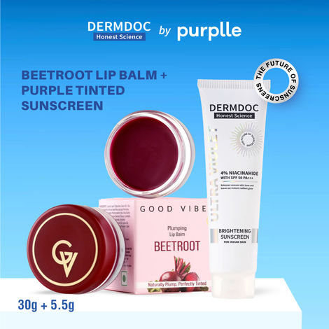Buy DERMDOC Tint & Treat Kit (Combo of 2) | 4% Niacinamide SPF 50 PA +++ Ultra Violet Brightening Sunscreen (30 gm) | Beetroot Plumping Lip Balm (5.5 gm)-Purplle