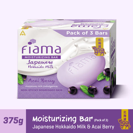 Buy Fiama Moisturizing Soap Bar, Japanese Hokkaido Milk & Acai Berry, Soap Pack of 3, Non-Sticky Moisturized Skin, 1/3rd Skin Moisturizers, Vitamin F, Fragrant Freshness-Purplle
