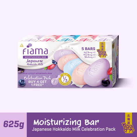 Buy Fiama Moisturizing Bars Celebration Pack, Japanese Hokkaido Milk & Berries, Soap Pack of 5, Non-Sticky Moisturized Skin, 1/3rd Skin Moisturizers, Vitamin F, Fragrant Freshness, Buy 4 Get 1 Free-Purplle