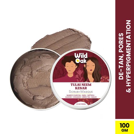Buy Wild Oak Tulsi, Neem & Kesar Face Scrub & Mask | Anti Acne | De-Tan & Open Pores | Anti Aging & Hyperpigmentation | Face Pack | Infused with Power of Bamboo Charcoal, Almond Oil, Cinnamon & Green Tea | 100 gm-Purplle