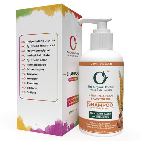 Buy The Organic Forest 100% Plant Based Keratin Shampoo with Castor and Morrocan Argan Oil - Sulphate & Chemical Free Organic Shampoo For Frizz Free, Shiny & Smooth Hair | Vegan & Cruelty Free | For Men & Women 210 ml-Purplle
