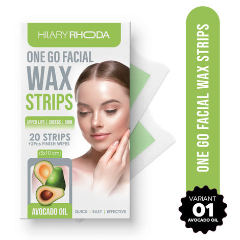 Buy Hilary Rhoda One Go Facial Wax Strips | Ready-To-Use Facial Wax Strips | Face, Cheek, Upper Lip & Chin Facial Wax | Painless Hair Removal | With 2 Finish Wipes | 20 Strips (Avocado Oil - Shade 01)-Purplle