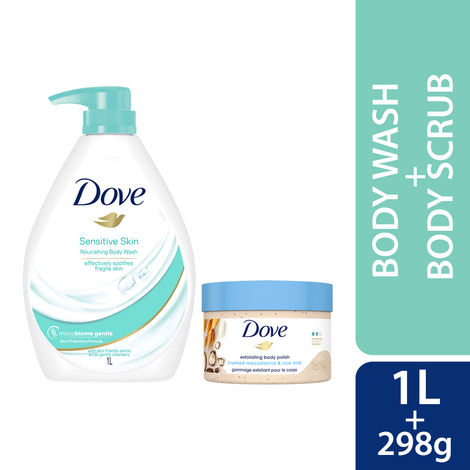 Buy Dove Nourishing Body Care ( International Nourishing Body Wash for Sensitive Skin 24Hrs Moisture Lock (1 L) + Exfoliating Body Polish Scrub Rice Milk And Moisturizing Macadamia (298 gm)) Combo of 2-Purplle