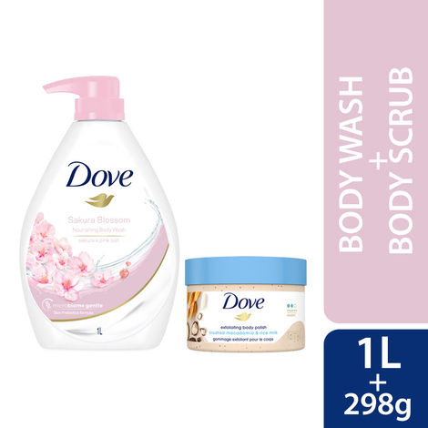 Buy Dove Refreshing Body Care ( Sakura Blossom Body Wash with Himalaya Pink Salt for Replenished Skin (1 L)+ Exfoliating Body Polish Scrub Rice Milk And Moisturizing Macadamia (298 gm)) Combo of 2-Purplle
