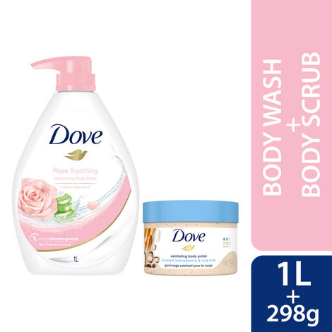 Buy Dove Soothing Body Care Combo (Rose & Aloe Vera Body Wash (1 L) + Exfoliating Body Polish Scrub (298 gm)) Combo of 2-Purplle