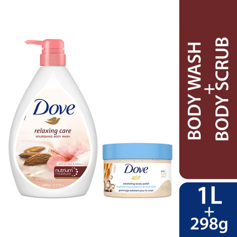 Buy Dove Relaxing Body Care combo (Almond Cream Body Wash with Hibiscus(1 L) + Exfoliating Body Polish Scrub (298 gm)) Combo of 2-Purplle