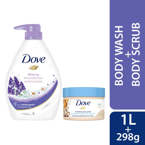 Buy Dove Relax & Glow Body Care combo (Lavender & Chamomile Body Wash (1 L) + Rice Milk & Macadamia Scrub (298 gm)) Combo of 2-Purplle