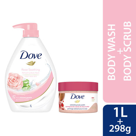 Buy Dove Floral Moisturizing Body Care (International Soothing Rose & Aloe Vera Body Wash for Replenished Skin Refreshing Scent (1 L) + ExfoliatingShea Butter & Pomegranate Seeds (298 gm)) Combo of 2-Purplle