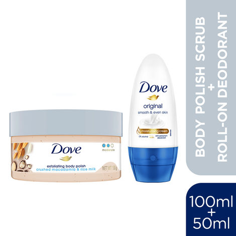 Buy Dove Everyday Softness Duo (Dove Scrub Macadamia & Rice Milk (100 gm) + Women Original Roll On (50 ml)) Combo Of 2-Purplle