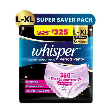 Buy Whisper Super Absorbent Period Panty, 6 pc L-XL Pants, 360 Degree Leakage Protection for Heavy Flow-Purplle