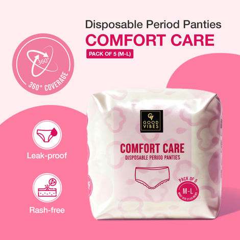 Buy Good Vibes Comfort Care Disposable Period Panties for Women Pack of 5 (M-L) | Leak-Proof, Rash-Free & Super Absorbent | 360° Coverage | Overnight Protection for Heavy Flow | Sanitary Underwear |-Purplle