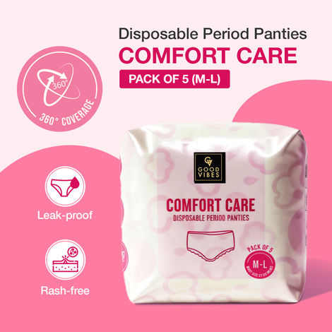 Buy Good Vibes Comfort Care Disposable Period Panties for Women Pack of 5 (M-L) | Leak-Proof, Rash-Free & Super Absorbent | 360° Coverage | Overnight Protection for Heavy Flow | Sanitary Underwear |-Purplle