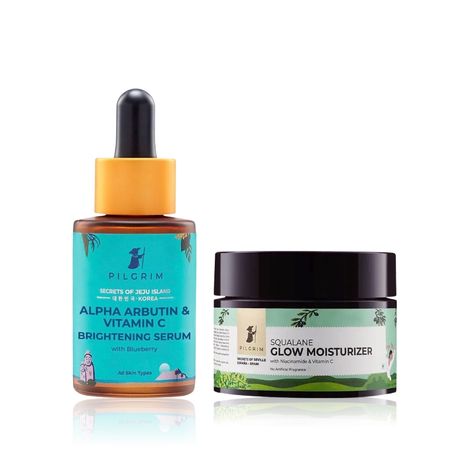 Buy Pilgrim Vitamin C Brightening Combo of 2 – Face Serum (30 ml) & Squalane Glow Moisturizer (50 gm) | Fades Dark Spots, Evens Skin Tone & Boosts Radiance | For Men & Women, Skincare Kit-Purplle