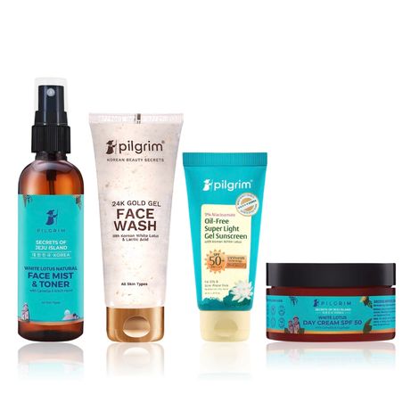 Buy Pilgrim White Lotus Skincare Combo of 4 – 24K Gold Face Wash (80 ml), Mist & Toner (100 ml), Day Cream (100 gm) & Sunscreen SPF 50+ PA++++ (40 ml) | Brightening, Hydrating & Sun Protection | For All Skin Types, Skincare Kit-Purplle