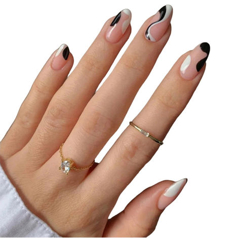 Buy Secret Lives acrylic press on nails designer artificial nails extension oval shape white skin & black fake nails design 24 Pc set with manicure kit-Purplle