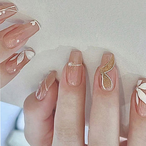 Buy Secret Lives acrylic artifical glossy artifical fake false press on nails nude brown color 3d pearls & white flower design 24 Pc set with kit-Purplle