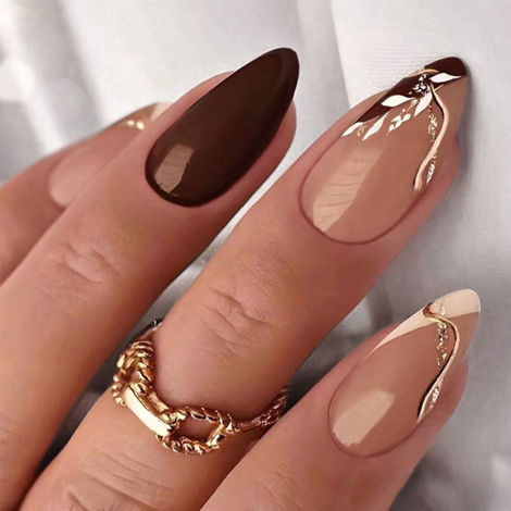 Buy Secret Lives Acrylic Artifical Reusable Almond shape Brown & Coffe color with Black Curve White Leaves & Golden Glitter Women's Designer Press on Nails 24 Pc with Kit-Purplle