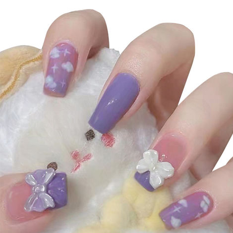 Buy Secret Lives Acrylic Artifical Glossy Reusable Translucent Purple Color with Cloud Patches & 3D Bow Stud and Heart Design Press on Nails 24 Pc with Kit-Purplle