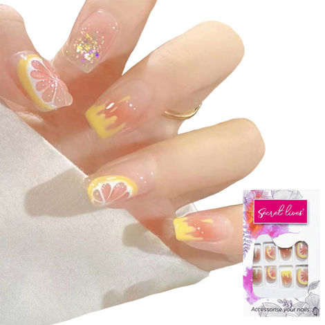 Buy Secret Lives acrylic fake reusable false artifical press on nails translucent lemon design with red color path and glitter design 24 Pc kit-Purplle
