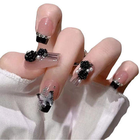Buy Secret Lives acrylic press on nails designer artificial nails extension glossy nude skin color with 3D butterfly & 3D flowers fake nail 24 Pc set-Purplle