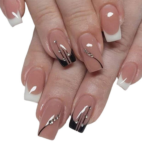 Buy Secret Lives acrylic press on nails artifical designer french fake nails extension skin & black color combo with studs 24 Pc set with manicure kit-Purplle