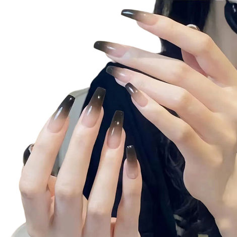 Buy Secret Lives acrylic artifical designer fake nails extension long black color with semi transparent bottom 24 Pc set with glue sheet convenient than manicure-Purplle