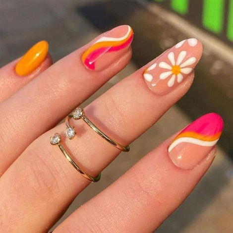 Buy Secret Lives acrylic artifical press on nails artifical designer fake nails extension gloss mango color with white and pink curves 24 Pc set convinent than manicure-Purplle