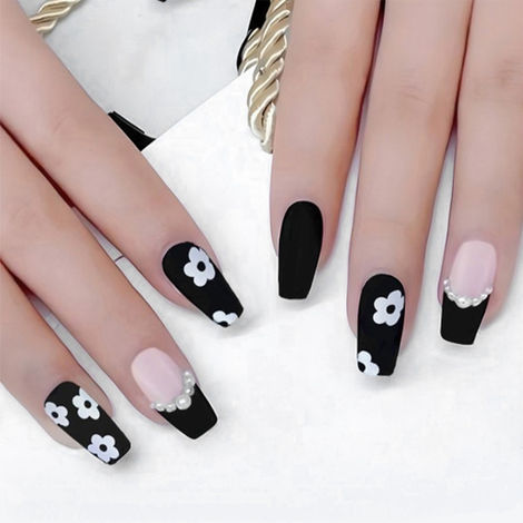 Buy Secret Lives Acrylic Artifical Premium Matte Coffin Shape Black & Translucent Pink Color with White Flowers & Pearls Luxury Reusable & Unbreakable Stick on Nails 24 Pc with kit-Purplle
