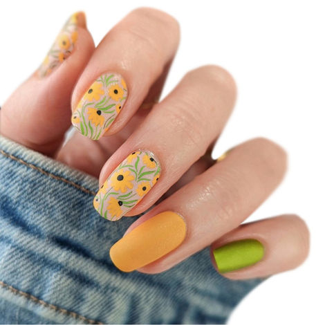 Buy Secret Lives Acrylic Artifical Matte Reusable Fake False Mustard Color Flower Design with Green & Black Color Press on Nails 24 Pc Set with Kit-Purplle