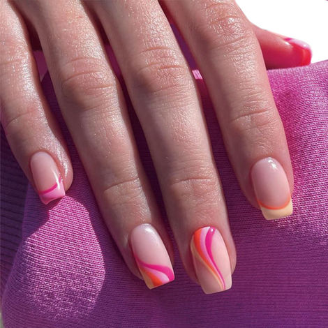 Buy Secret Lives Glossy Reusable Acrylic Artifical Fake False Lightweight & Long Lasting Press on Nails Pink Orange Strips Combo 24 Pc Set with Kit-Purplle