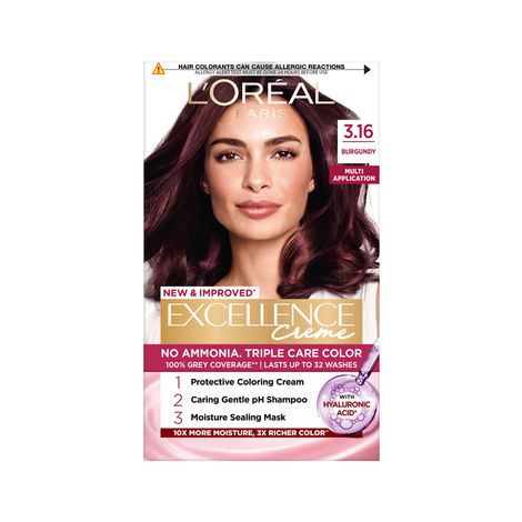 Buy L'Oreal Paris Permanent Hair Colour, Radiant At-Home Hair Colour with up to 100% Grey Coverage, Pro-Keratin, Up to 8 Weeks of Colour, Excellence Creme, 3.16 Burgundy, 72 ml + 100 gm-Purplle