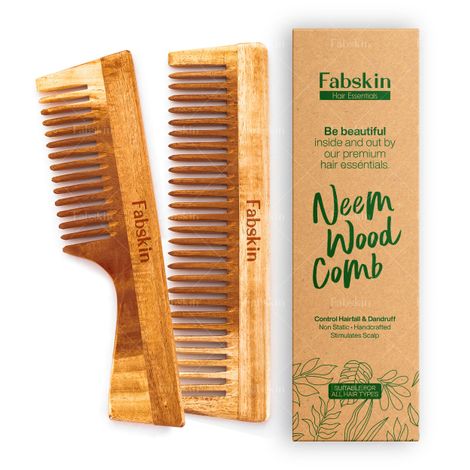 Buy Fabskin Neem Wooden Comb For Men & Women | Set Of 2 | Wide Tooth & Handle Hair Comb | For All Hair Types-Purplle