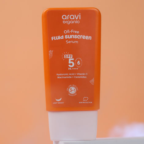 Buy Aravi Organic Oil-Free Fluid Sunscreen Serum SPF 50++++ with Hyaluronic Acid, Vitamin C, Niacinamide & Ceramides | Lightweight, Chemical-Free Formula | Prevents Sunburn & Tanning | For All Skin Types | 50 ml-Purplle