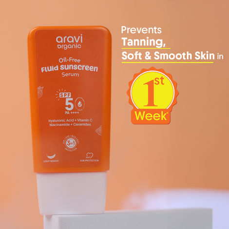 Buy Aravi Organic Oil-Free Fluid Sunscreen Serum SPF 50++++ with Hyaluronic Acid, Vitamin C, Niacinamide & Ceramides | Lightweight, Chemical-Free Formula | Prevents Sunburn & Tanning | For All Skin Types | 50 ml-Purplle