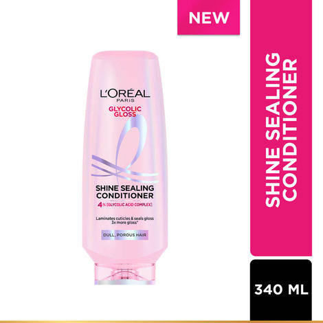 Buy L'Oreal Paris Glycolic Gloss Shine Sealing Conditioner, Powered By 4% Glycolic Acid, for Dull Hair, Smoothens Hair Fiber For 3X More Gloss, 340 ml-Purplle