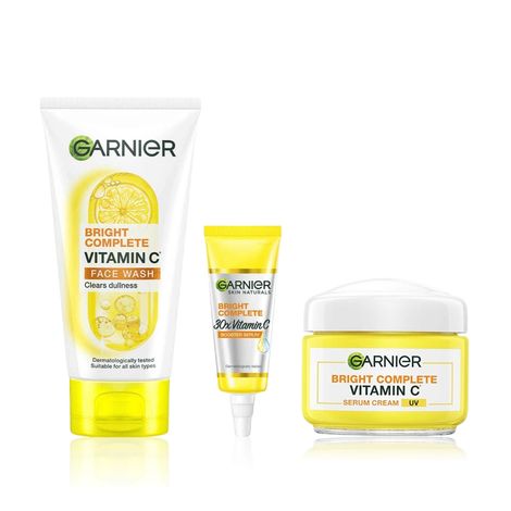 Buy Garnier Bright Complete Vitamin C Essentials Kit: Vitamin C Facewash(150 gm) + Vitamin C Serum Cream(45 gm) + Bright Complete Serum(7 ml) Combo of 3-Purplle