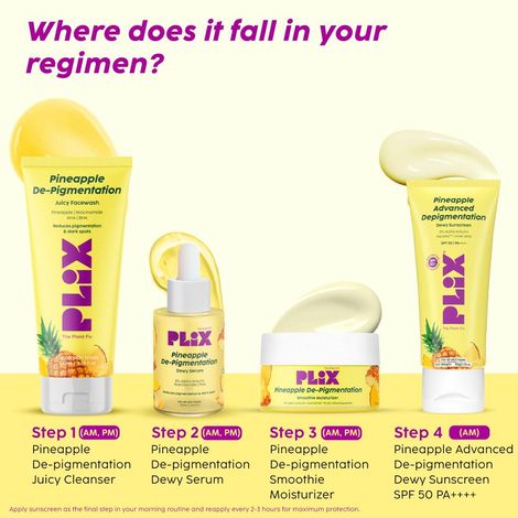 PLIX Pineapple Advanced Depigmentation Dewy Sunscreen SPF 50 PA++++ | Alpha  Arbutin & Aquaxyl | Reduces Pigmentation, Protects from UV & Blue Light,  Hydrates Skin | Vegan & Paraben-Free | 50 gm