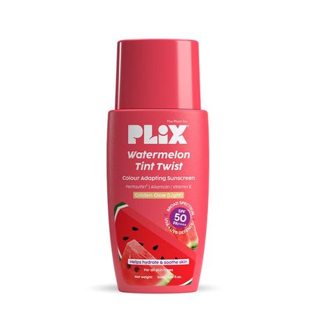 Buy PLIX Watermelon Tint Twist Color-Adapting Sunscreen | For light coverage & instant glow | SPF 50 PA++++ | Pentavitin®, Suncat DE™ | Sun Damage & Tan Repair | low to medium coverage | Light Golden Glow 50 gm-Purplle