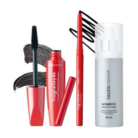 Buy FACES CANADA Dramatic Eyes Combo - Magneteyes Kajal - Black (0.35 gm) + Magneteyes Dramatic Volumizing Mascara - Black (9.5 ml) + Ultime Pro Makeup Fixer (50 ml) | Long Lasting Makeup Setting Spray | Waterproof & Smudgeproof-Purplle