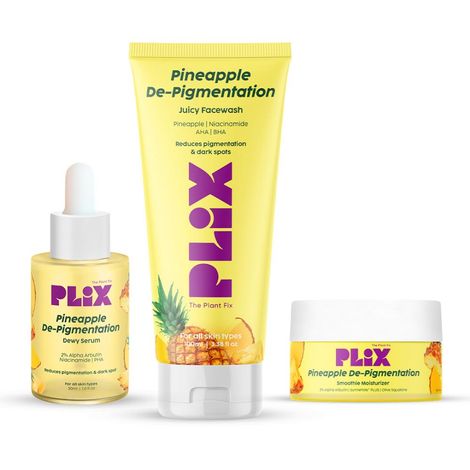 Buy PLIX Pineapple De-pigmentation Skincare Kit For Dark Spot Removal | Cleanser (100 ml), Face Serum (30 ml) and Moisturizer (50 gm) Combo With 2% Alpha Arbutin For Women & Men, Combo of 3-Purplle