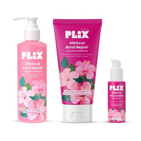 Buy PLIX Hibiscus Frizz Control Hair Serum (50 ml) + Bond Repair Shampoo (200 ml) + Conditioner (175 ml) | Protects & Smoothes Frizzy Hair| 3x Strength with Fiberhance, Combo of 3-Purplle
